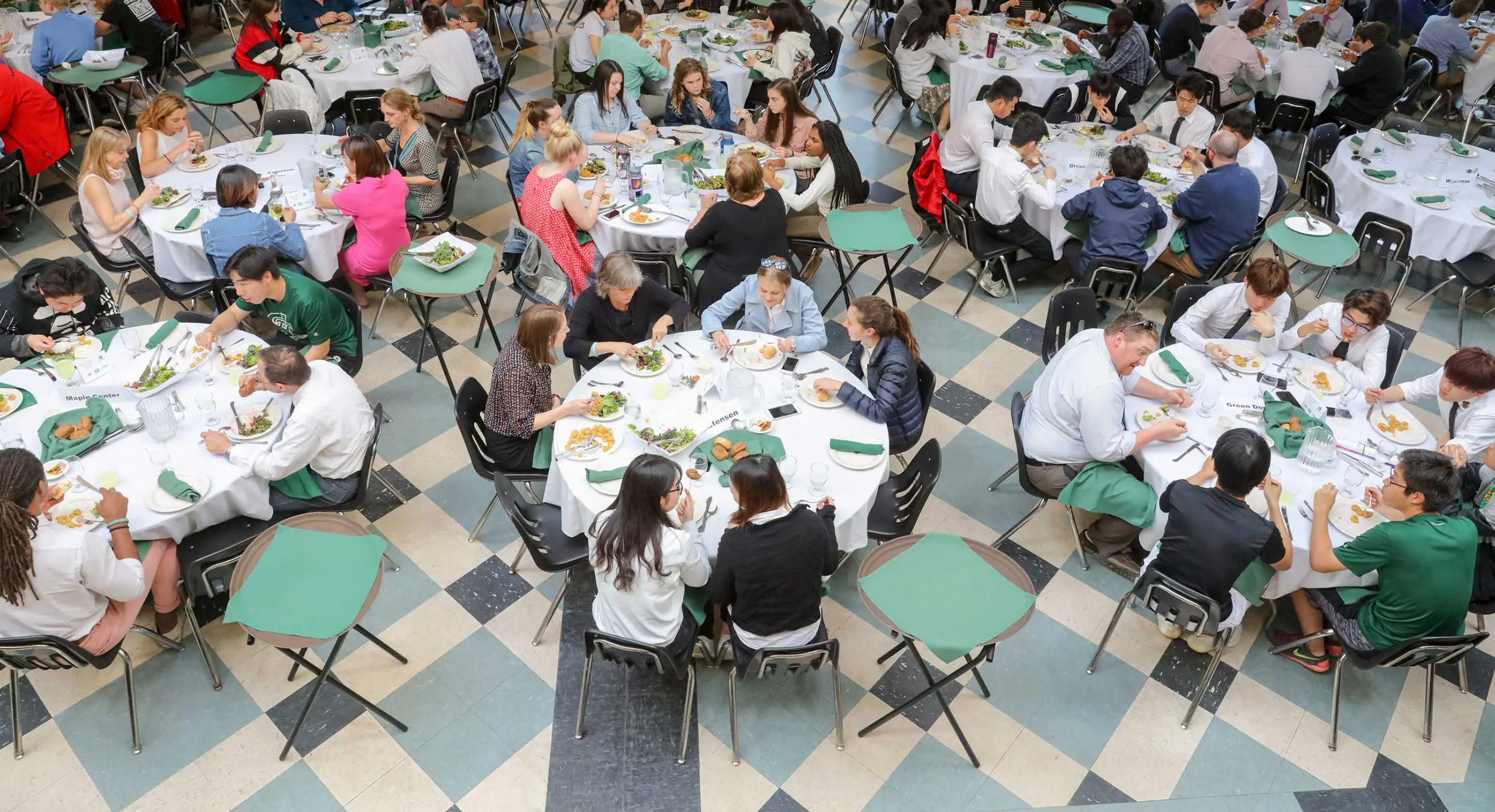 Overhead view of students in dining hall